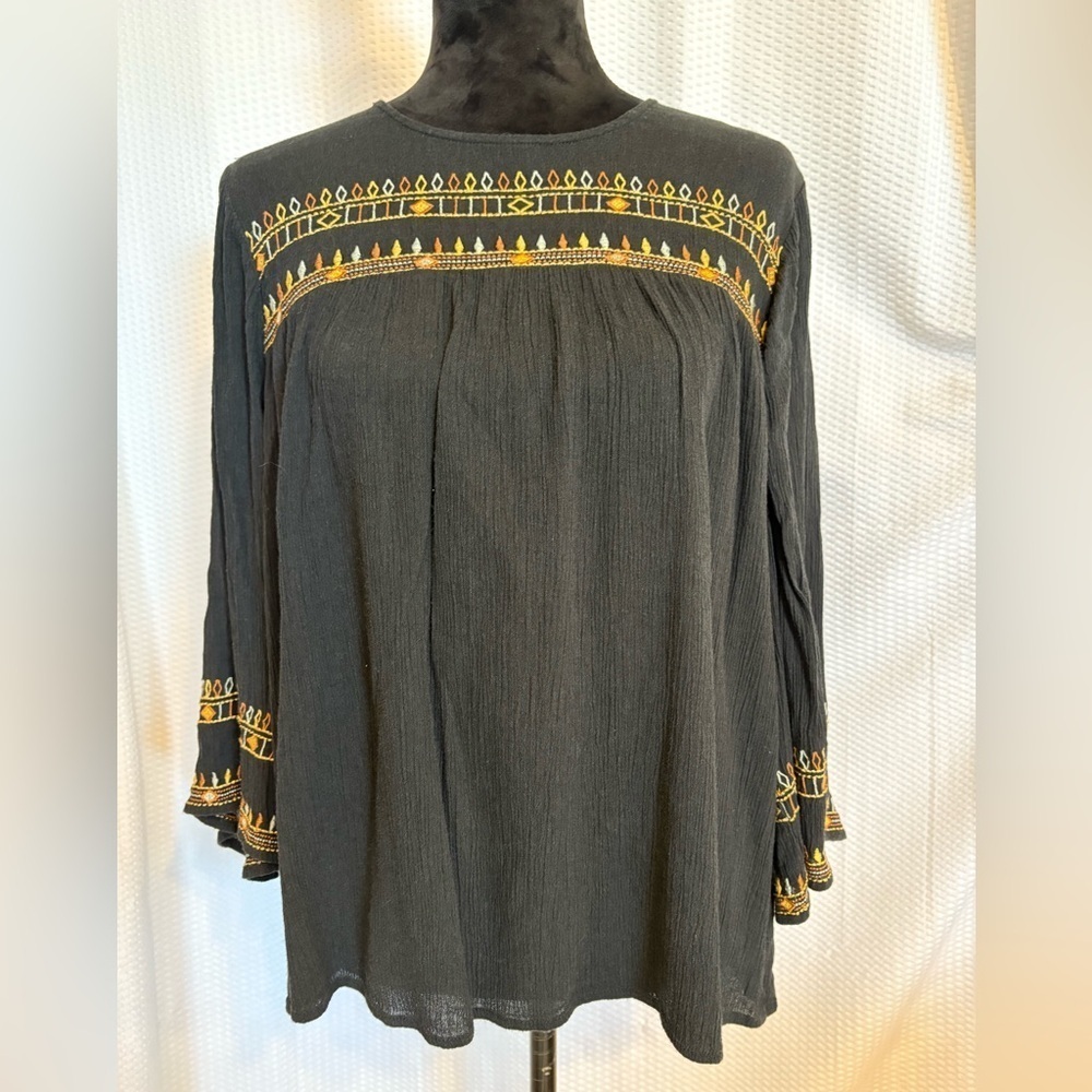 J. Jill black gauze embroidered 3/4 sleeve boho tunic shirt bell sleeves size S